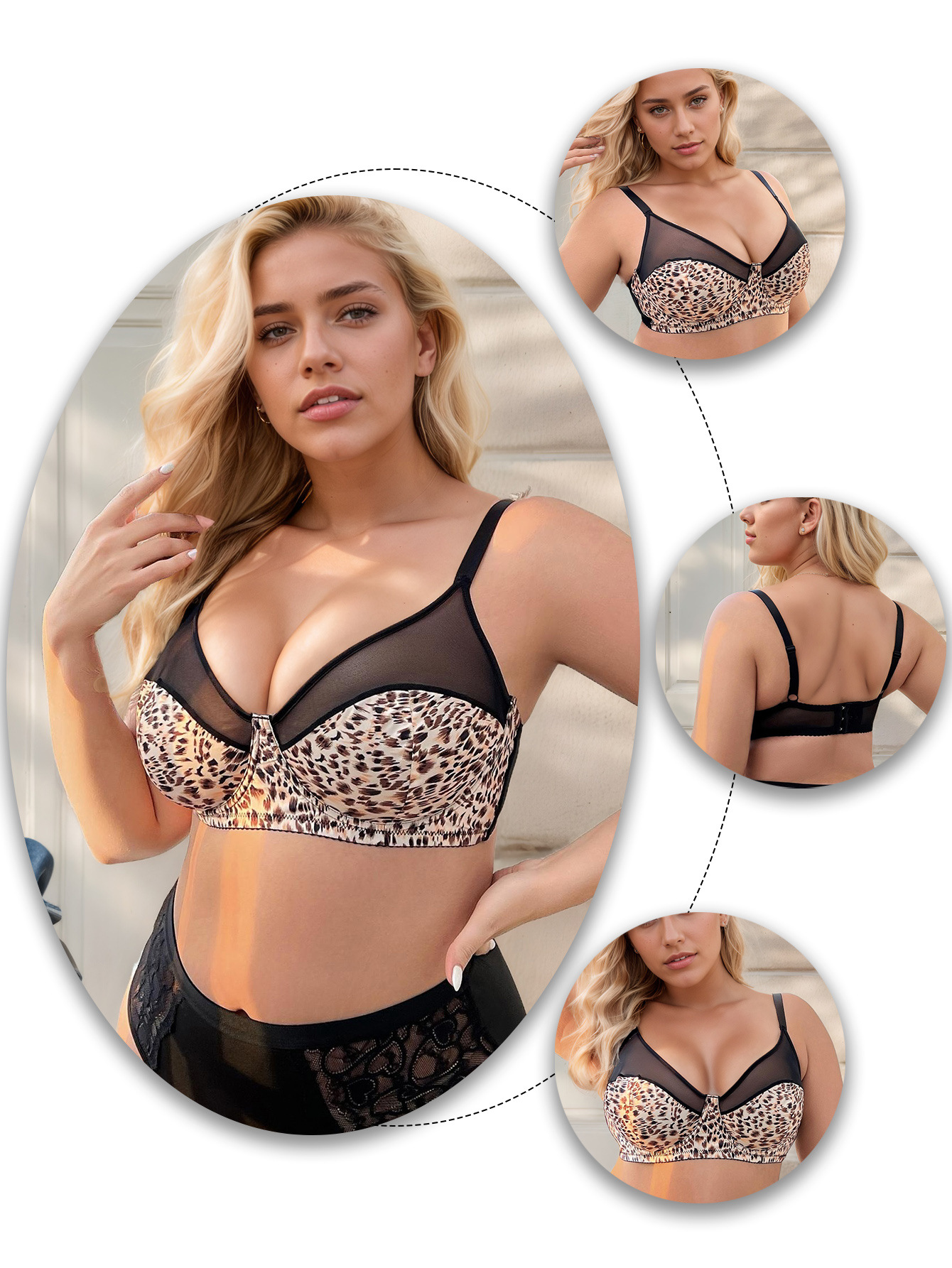 Womens Leopard Print  Plus Size Bra Sexy Lingerie Set With Underwire Bra